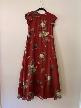 NWOT Biyan Red Rose Print 100% Silk Maxi Dress Romantic Flowy Women's size Small